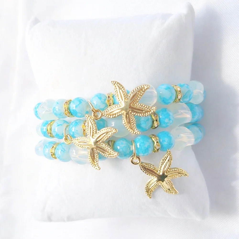 Set of 3 Turquoise Glass Bead Bracelets Gold Starfish Charm Stretch Stack